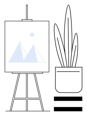 Uzun bir saksı bitkisinin yanında geometrik dağ illüstrasyonuyla sanat sehpası. Yaratıcılık, tasarım, dekor, çalışma alanları, minimalizm, modern sanat, kapalı alanlarda ilham için idealdir. Temiz, düz metafor