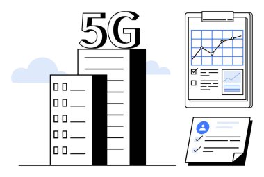 5G teknolojisi, iş büyümesi, bağlantı, veri analizi, kentsel gelişim, dijital yenilik. 5G etiketli binalar, üzerinde kontrol işaretleri olan yukarı doğru grafik doküman formu. 5G teknolojisi