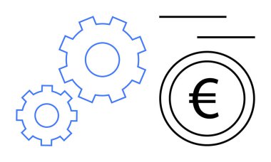 Birbirine bağlı vitesler, hareket çizgileri olan bir Euro sikkesinin yanında. Finans, ekonomi, takım çalışması, verimlilik, bütçe, yatırım, iş kavramları için idealdir. Basit düz metafor