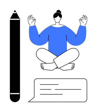 Farkındalık, yaratıcılık, iletişim, kendini ifade etme, odaklanma, kişisel gelişim. Meditasyon yapan yoga pozu veren bir kadın, kalem ikonu ve konuşma balonu. Farkındalık ve yaratıcılık kavramı
