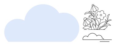 Nature, weather forecast, gardening, environment, decoration, minimal art. A pastel blue cloud alongside line art of flowers. Nature and weather forecast concept