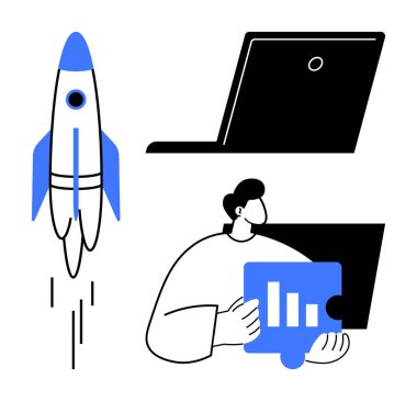 İş büyümesi, başlangıç başarısı, yenilik, teknoloji, veri analizi, takım çalışması. Bir roket fırlatma, bir dizüstü bilgisayar ve grafik bulmacası parçası tutan bir kişi. İş büyümesi ve başlangıç başarı kavramı