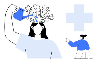 Akıl sağlığı, kendine bakım, kişisel gelişim, farkındalık, eğitim, yaratıcılık. Bir insan, diğer elementlerin yanı sıra bir tepeden büyüyen çiçekleri sulayarak bir haçı işaret eder. Ruh sağlığı ve öz bakım.