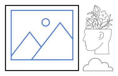 Çiçeklerin filizlendiği minimalist bir kafa profili, bir çerçevede dağ manzarası ve bir bulut. Yaratıcılık, hayal gücü, akıl sağlığı, yenilik ve içgözlem büyümesi için idealdir. Basit.