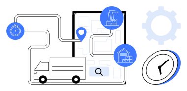 Lojistik, tedarik zinciri, teslimat planı, ulaşım, zaman yönetimi, rota optimizasyonu. Teslimat kamyonu fabrika, harita işaretleyicisi ve depo simgeleriyle bir rotada ilerliyor. Lojistik ve arz