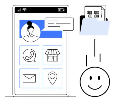 Veri paylaşım konsepti. Dosya aktarımı ve ikili veri için simgelerin yanında mesajlaşma, konum ve uygulama simgeleriyle akıllı telefonun görüntüsü. Platformlar arasında veri paylaşımı. Teknoloji ve iletişim için mükemmel.
