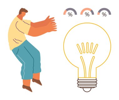 Yenilik, veri analizi, yaratıcılık, problem çözme, istatistik, teknoloji. Yüzdelik simgeli bir ampule doğru hareket eden kişi. Yenilik ve veri analizi kavramı