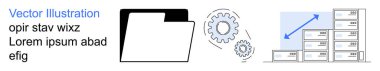 Data organization, digital file management, productivity tools, workflow automation, scalability, technology. Folder icon, gears storage units upward arrow. Data organization and digital management