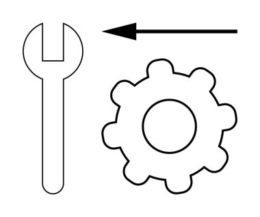 Mekanik aletler konsepti. Mekanik süreçlerde bir anahtar, dişli ve ok onarımı, bakım ve yön. İş akışını ve verimliliği vurgulayan araçlar. Tasarım, mühendislik otomasyonu