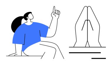 İletişim, ruhsal rehberlik, öğrenme, farkındalık, pozitiflik, meditasyon. Dua jesti sembolünün yanında elini kaldıran bir kadın. İletişim ve ruhsal rehberlik kavramı