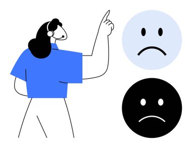 Duygu konsepti. Üzgün yüz simgeleri ve düşünceli bir jest. İnsan davranışlarındaki duygu, zihinsel sağlık farkındalığı, iletişim ve sosyal etkileşimler. Eğitim, terapi, işyerleri