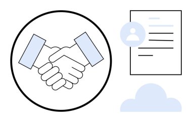 İş anlaşması, belge imzalama, bulut depolama, dijital profil, ortaklık, internet hizmetleri. Belge ve bulut ile tokalaşma sembolü. İş anlaşması ve belge imzalama kavramı