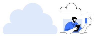 Bulut hesaplama, dijital depolama, veri paylaşımı, çevrimiçi hizmetler, kullanıcı etkileşimi, geri bildirim özellikleri. Büyük bir bulut ve baş parmağı olan bir tablet tutan bir insan. Bulut hesaplama ve dijital