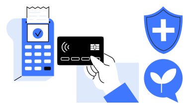 Dijital işlemler, temassız ödemeler, sağlık, sürdürülebilirlik, çevre dostu girişimler, güvenli ödemeler. Terminalin üzerinde sağlık ve ekoloji ikonları olan bir el. İrtibatsız