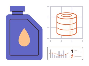 Oil industry, data management, performance tracking, business analytics, efficiency monitoring, resource optimization. Illustration of an oil container, data storage graph, and performance metrics