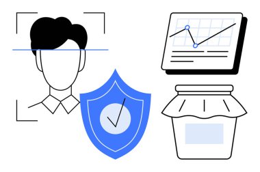 Facial recognition scan, graph with analytics, shield with tick for security, and labeled jar as product packaging. Ideal for technology, data, security, e-commerce, product branding biometrics