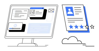 Geri bildirim için yıldız reytingli bir dijital profil kartıyla birlikte masaüstü ekranında multimedya içeriği gösteriliyor. İşe alım için ideal, çevrimiçi değerlendirmeler, UIUX tasarımı, kariyer ağı, teknoloji