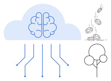 Artificial intelligence, cloud computing, digital innovation, financial technology, data networks, conceptual thinking. Brain in a cloud with connections, coins and trees. Artificial intelligence