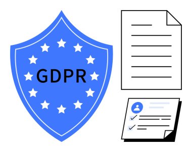GDPR metni, yıldızlar, belge ve kontrol listesine sahip mavi kalkan veri korumasını ve uyumu simgeliyor. Gizlilik, güvenlik, yönetmelik, yasal belgeler iş politikası için idealdir. Basit düz metafor