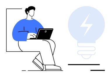 Innovation, productivity, remote work, creativity, inspiration, technology solutions. A person using a laptop with a glowing light bulb icon. Creativity and innovation for modern work