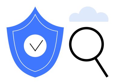 Güvenlik sembolü olan mavi kalkan, araştırmayı temsil eden büyüteç ve veri depolama için bulut. Siber güvenlik, veri analizi, gizlilik, koruma, bulut hesaplama için ideal