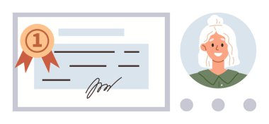 Kimlik doğrulama, kimlik tanıma, sertifika onaylama, profesyonel başarı, çalışan kimliği ve sertifika rozetleri. Kadın simgesinin yanına kurdele sertifika