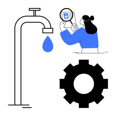 Veri sızıntısı konsepti. Bir musluk, dişli sembolü ve bir belgeyi inceleyen kişi gibi görsel unsurlar veri akışını ve güvenlik risklerini vurguluyor. Veri ihlali, siber güvenlik, bilişim sistemleri, tehdit