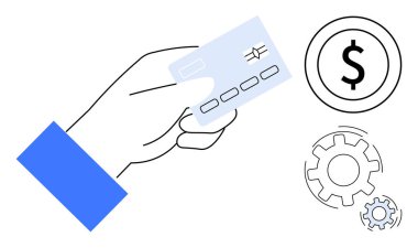 E-commerce, banking, online transactions, financial operations, payment processing, technology. A hand holding a credit card near a dollar sign and mechanical gears. Online transactions
