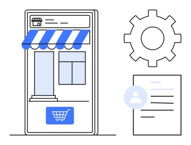 E-ticaret, çevrimiçi alışveriş, kullanıcı yönetimi, dijital mağazalar, ürün özelleştirme, web sitesi kurulumu. Alışveriş arabası, kullanıcı profili dokümanı ve vites simgesiyle mobil mağaza önü. E-ticaret ve online
