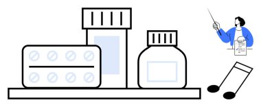 İlaç şişesi, tablet paketi ve rafta bir doktor reçeteli ve stetoskop olan bir kavanoz. Sağlık, eczane, reçete, ilaç, tıbbi danışmanlık, tedavi sağlığı için ideal