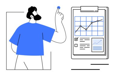 Veri analizi, iş stratejisi, finansal planlama, büyüme yönetimi, istatistiksel inceleme, performans takibi. Anahtar göstergeleri olan bir grafiği işaret eden bir adam. Veri analizi ve iş stratejisi