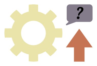 Problem çözme, yenilik, teknoloji, ilerleme, verimlilik, yön. Konuşma balonunda soru işareti ve yukarı doğru ok olan bir vites. Sorun çözme ve yenilik kavramı