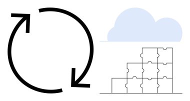 Çalışma akışı konsepti. Dairesel oklar, bir bulut ve bulmaca parçaları bağlantısıyla çalışan bir çalışma. İşakışı kusursuz işlemler ve problem çözme. İş, süreç ve işbirliği için elverişli