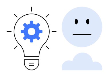 Yenilik, duygusal zeka, yaratıcılık, problem çözme, teknoloji, akıl sağlığı. Mavi dişli bir ampul ve nötr bir yüz ikonu. Yenilik ve duygusal zeka kavramları