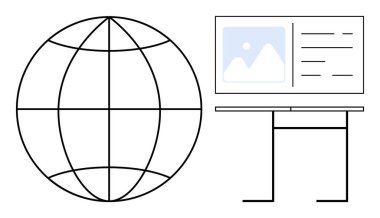 Global connectivity, digital information, technology integration, online media, communication, network illustration. ion of a globe beside a desktop computer. Global connectivity and digital