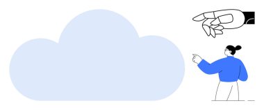 Bulut depolama, dijital erişim, takım çalışması, yenilik, bağlantı, insan-makine etkileşimi. Büyük bulut şekli, el kol hareketi ve mekanik bir el. Bulut depolama ve dijital erişim kavramı