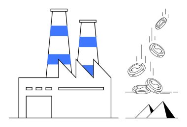 Ekonomik büyüme, iş karları, endüstriyel üretim, üretim giderleri, finansal yatırım, sürdürülebilirlik. Sahneye düşen bacaları ve bozuk paraları olan bir fabrika. Sanayi üretimi