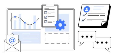 Ekranda çizelgeler ve grafikler, listeli pano, zarf simgesi, kullanıcı profili formları ve konuşma baloncukları. Analiz, organizasyon, verimlilik, planlama dijital araçları için ideal