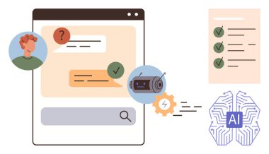 Yapay zeka, sohbet robotu geliştirme, çevrimiçi iletişim, görev otomasyonu, dijital yenilik, yapay zeka çözümleri. Mesajlarla etkileşen bir sohbet robotu, yapay zeka beyin grafiği ve otomasyon süreci.