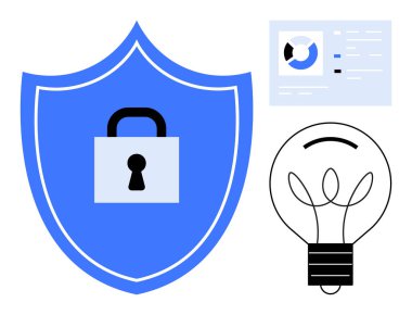 Çevrimiçi koruma, veri güvenliği, yenilik, teknoloji, problem çözme, fikri mülkiyet. Kilitli mavi kalkan, ampul ve görsel veri arayüzü. Çevrimiçi koruma ve veri güvenliği