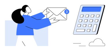 E-posta hizmetleri, finansal planlama, bulut depolama, dijital iletişim, bildirimler, ekonomik hesaplamalar. Elinde bir zarf tutan kişi bildirimde bulundu. E- posta hizmetleri ve finansal planlama