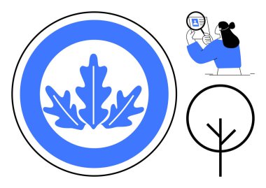 Sürdürülebilirlik kavramı. Mavi yaprak ikonu, dairesel çerçevede ekolojik farkındalık. Sürdürülebilirlik, minimalist ağaç yapısı ve ekolojik bilgi analizine bağlıdır. Çevre için