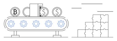 Kripto para birimi otomasyonu. Finans sektöründe bir taşıma bandı otomasyonundaki kripto paralar. Modern iş dünyasına kripto para entegrasyonu. Engelleme zinciri, fintech, yenilik ve verimlilik için ideal