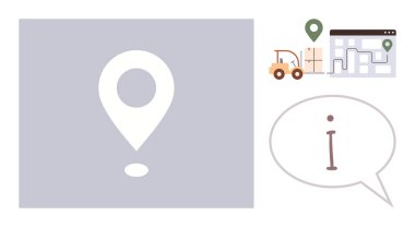 Lojistik, dağıtım hizmetleri, tedarik zinciri, navigasyon, konum yönetimi, ulaşım. Harita pimi forklift, bina rotası haritası. Simgelerle lojistik ve dağıtım hizmetleri