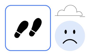 Yalnızlık kavramı. Üzgün bir yüzü, ayak seslerini ve duygusal zorlukları gösteriyor. Yalnızlık izolasyon, duygusal stres ve zihinsel sağlık farkındalığıyla ilgilidir. Akıl sağlığı için kullanışlı