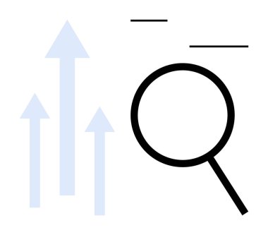 İlerleme, veri veya iş büyüme değerlendirmesi için büyüteç ve yukarı doğru oklar. Analiz, yenilik, strateji, araştırma, başarı, performans için ideal düz metafor
