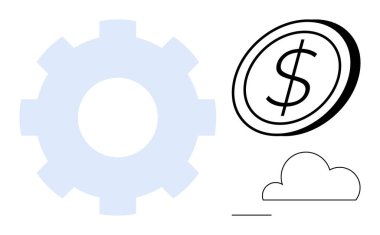 Technology, finance, cloud storage, digital innovation, online services, cloud computing. A gear, dollar coin and cloud symbols are . Technology and finance concepts are highlighted