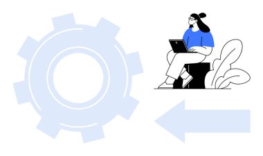 Teknoloji konsepti. Teknoloji yenilik ve ilerleme kaydederken, dizüstü bilgisayarda çalışan bir kadın modern dijital araçları ön plana çıkarıyor. İş akışı, tasarım, eğitim ve ilerleme teknolojisi
