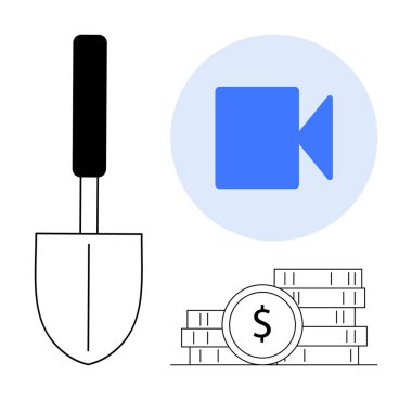 İçerik oluşturma, parasal büyüme, çevrimiçi araçlar, dijital üretim, yaratıcı ekonomi. Siyah bir kürek, istiflenmiş bozuk paralar ve mavi bir video ikonu. İçerik oluşturma ve para kazanma