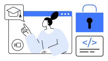 Çevrimiçi öğrenme, siber güvenlik, kodlama eğitimi, sanal sınıflar, veri gizliliği, bilgi paylaşımı. Mezuniyet simgesini gösteren soyut kişi, tarayıcı pencere kodlama sembolleri ve kilit. Çevrimiçi